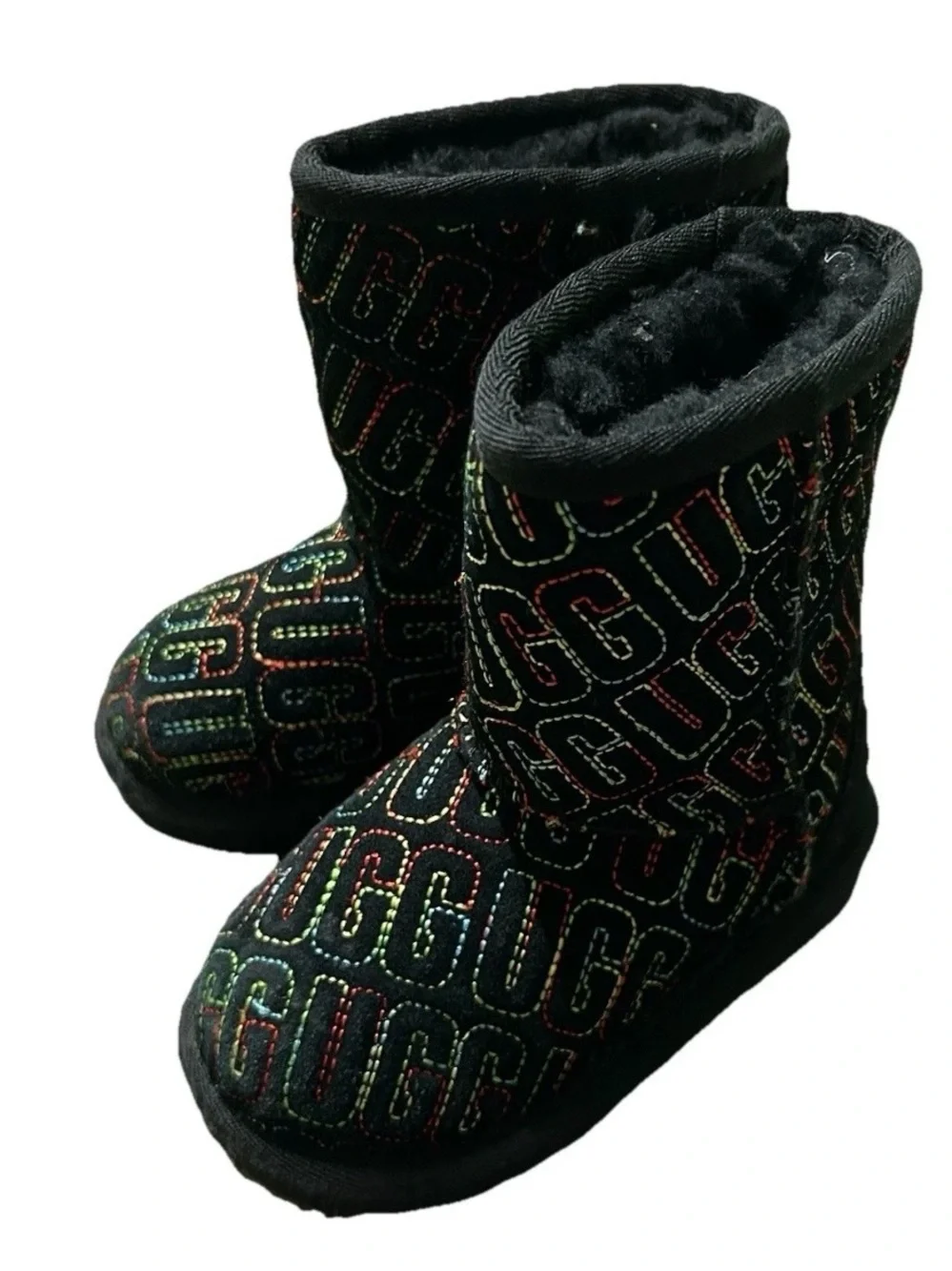 Toddler Girl Black Ugg Boots Embroidered All Over Logo Size 6 Winter